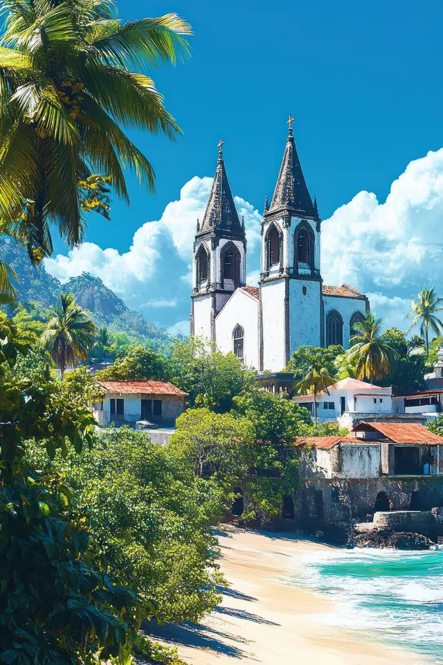Historic white church with twin spires above a tropical beach village, with palm trees, greenery, and coastal houses.