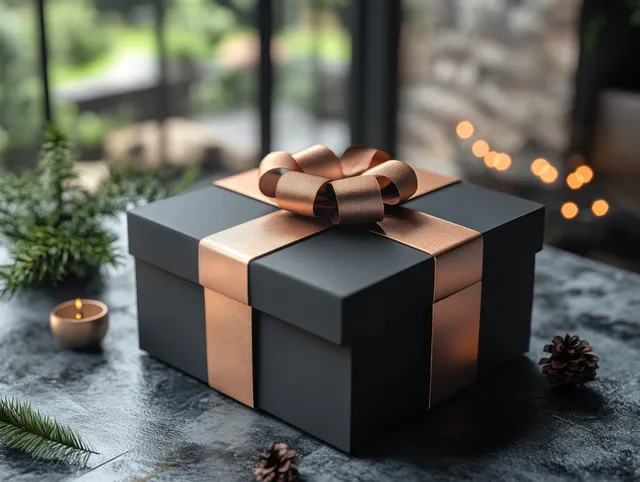 Minimal black gift box with bronze ribbon on stone table under soft bokeh lights