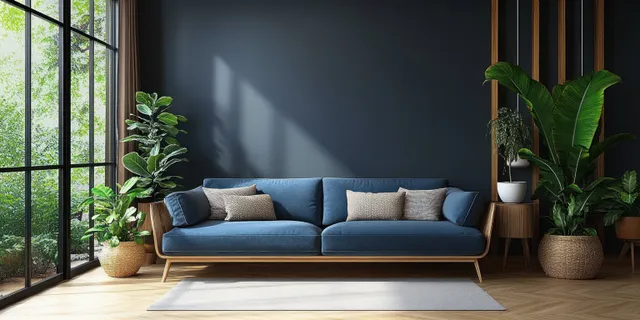 Sunlit modern living room with a blue sofa, potted plants, and minimalist decor on wooden flooring.