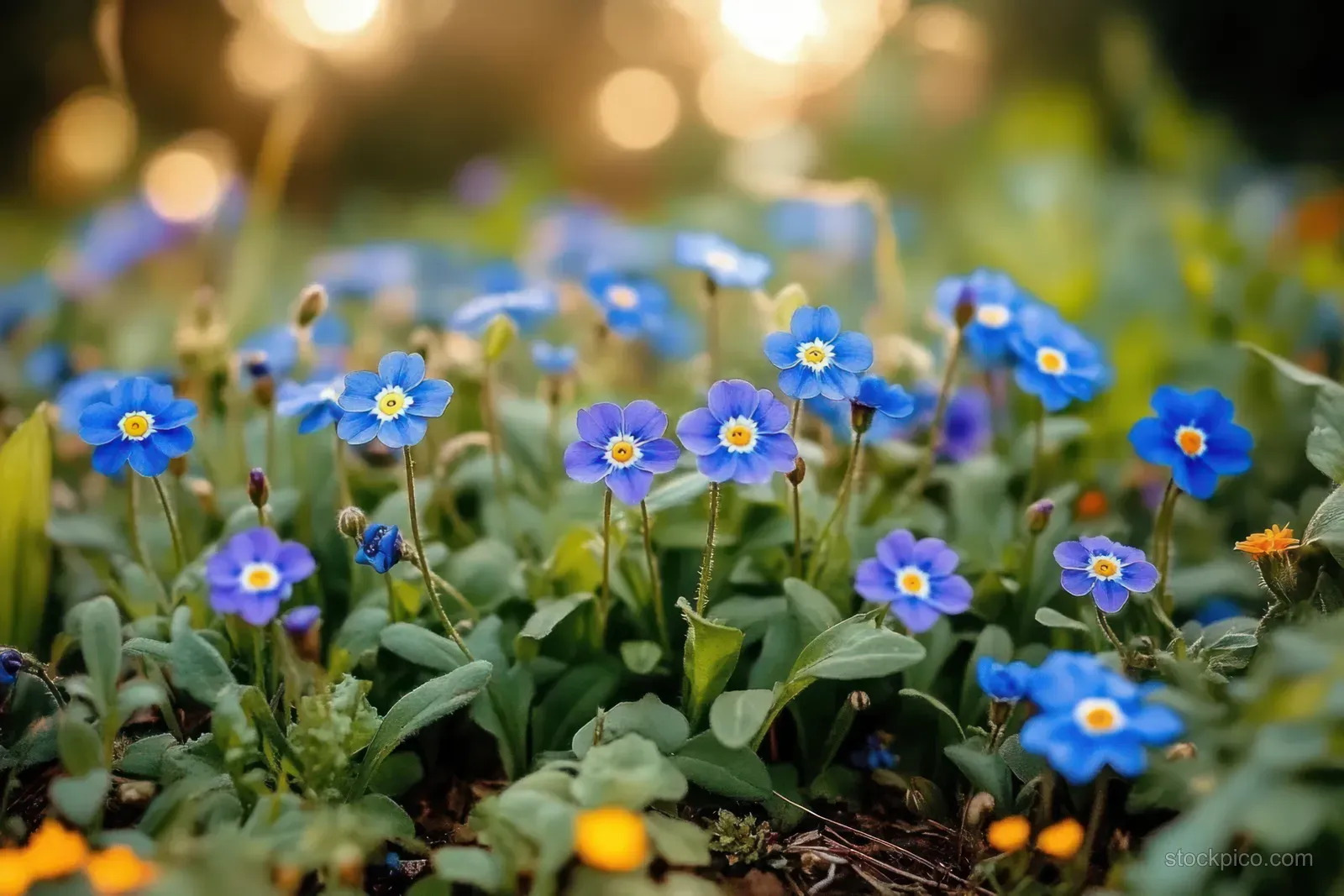 Blue wildflowers grow in a green meadow with warm sunlight glow and soft blurred background.