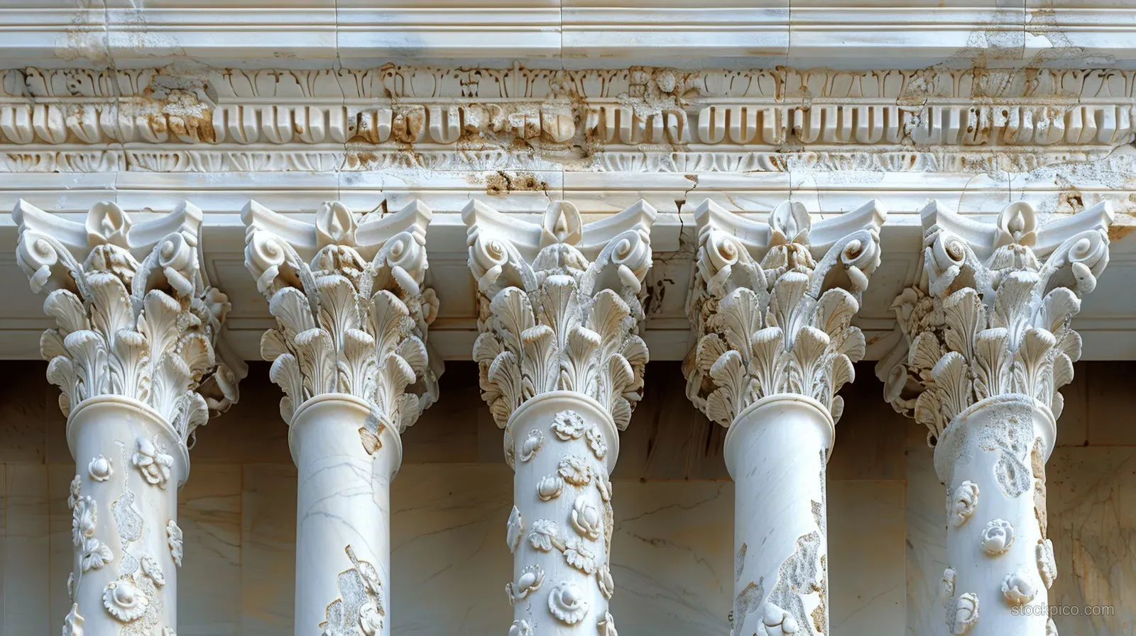 White marble Greek columns with ornate carved capitals line a colonnade corridor under a detailed frieze.