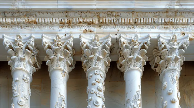 White marble Greek columns with ornate carved capitals line a colonnade corridor under a detailed frieze.