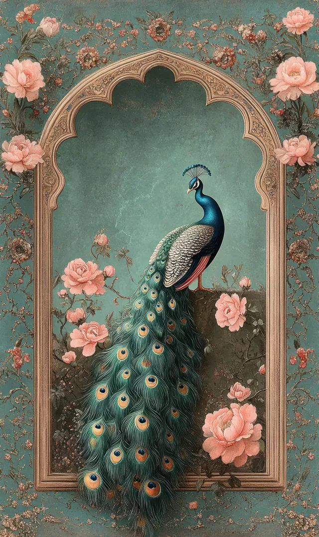 A blue peacock stands inside an ornate window arch with pink blossoms and decorative patterns around it.