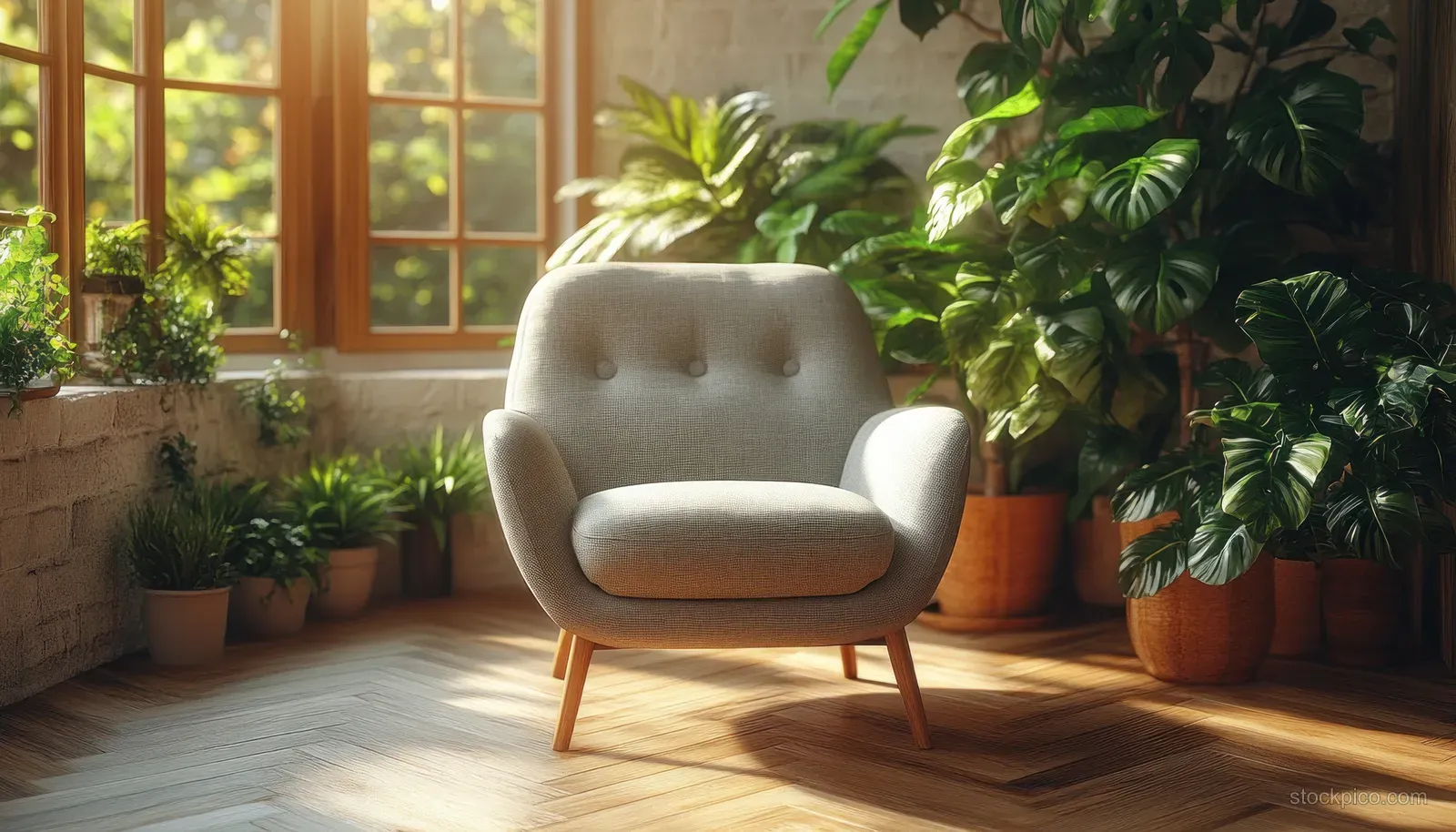 Gray armchair sits beside a glass coffee table in a sunlit living room surrounded by potted plants.