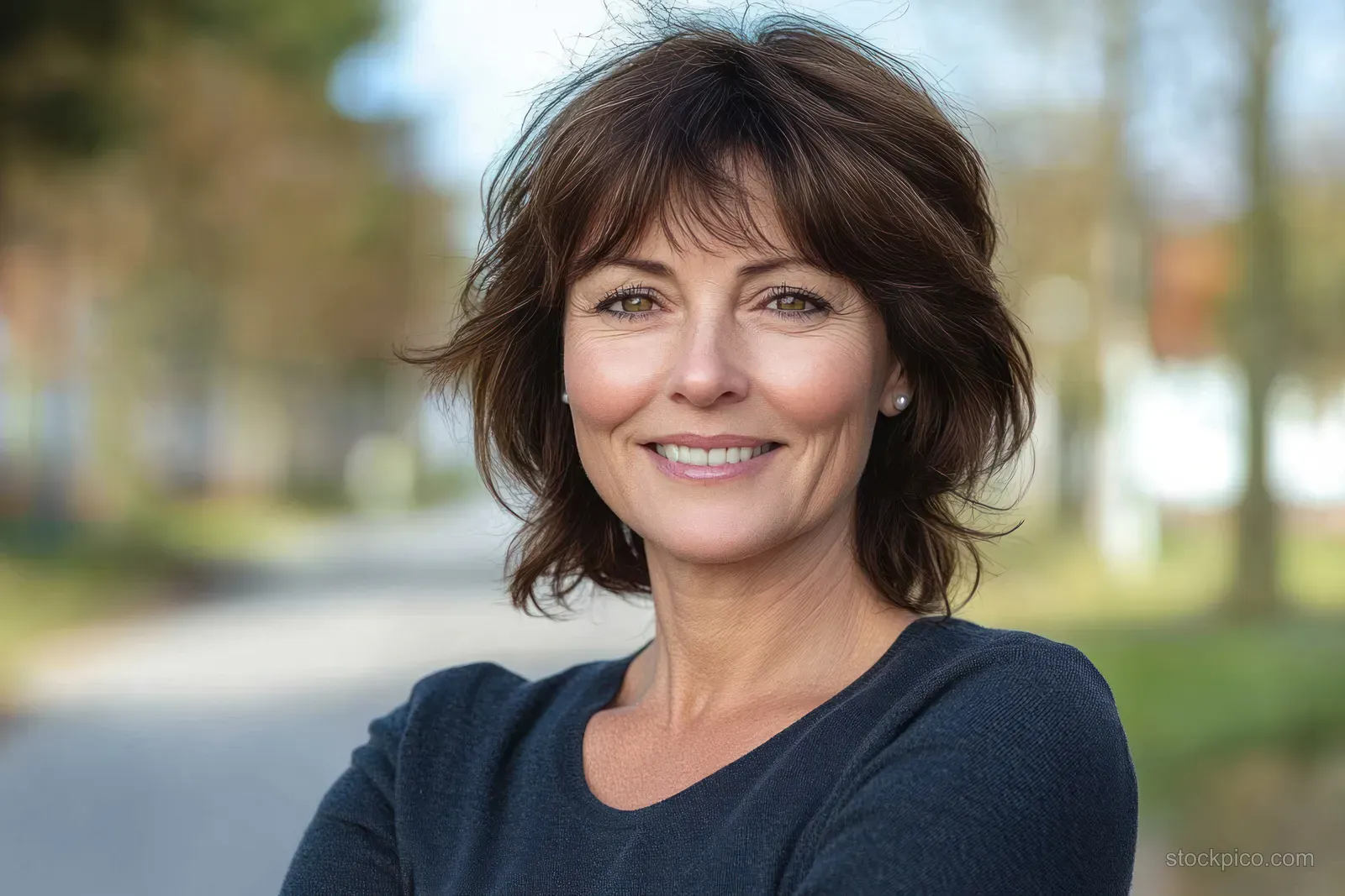 Smiling middle-aged woman with short brown hair stands outdoors near a blurred road under daylight.