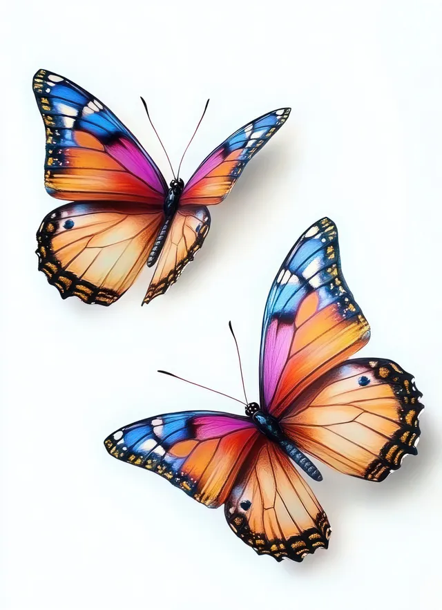 Two vibrant butterflies with orange, pink, and blue wings resting on a white background.