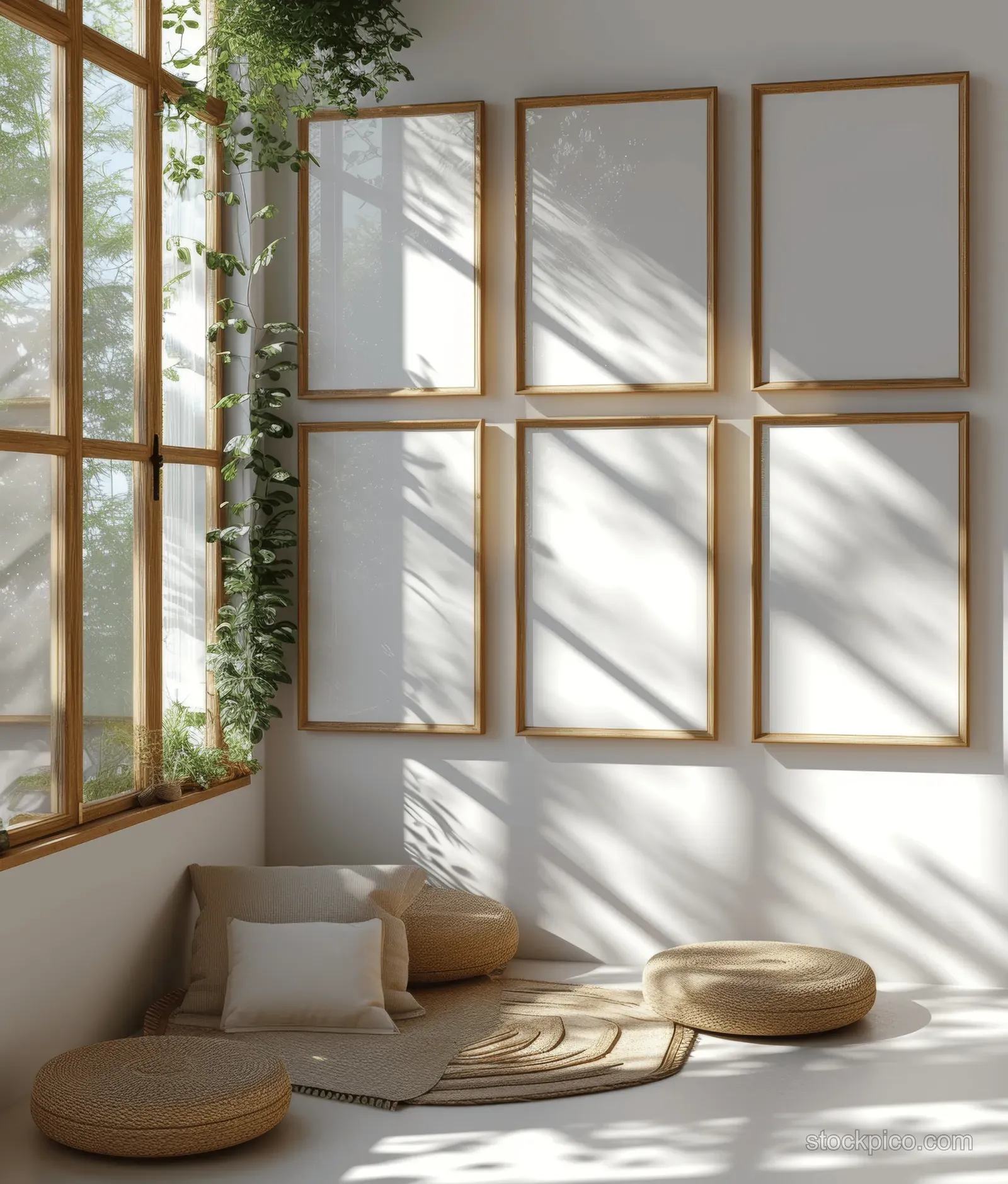 Sunlit wall with several blank canvas frames and soft shadows beside a bright window.