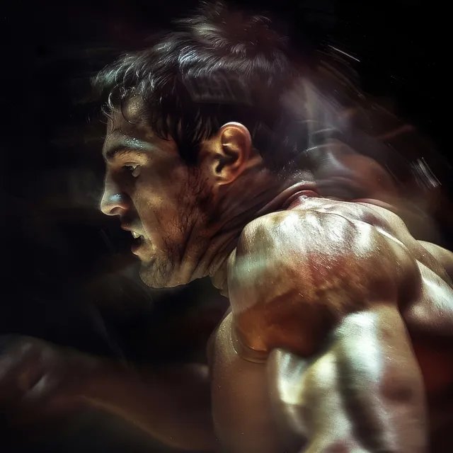 Hungarian Greco-Roman wrestlers grapple in a dark arena with intense expressions and locked grips.