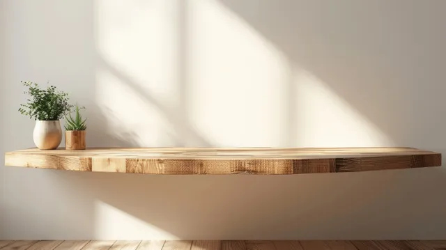 Natural wooden floating shelf on white wall with tiny potted plants catching sunlight shadows