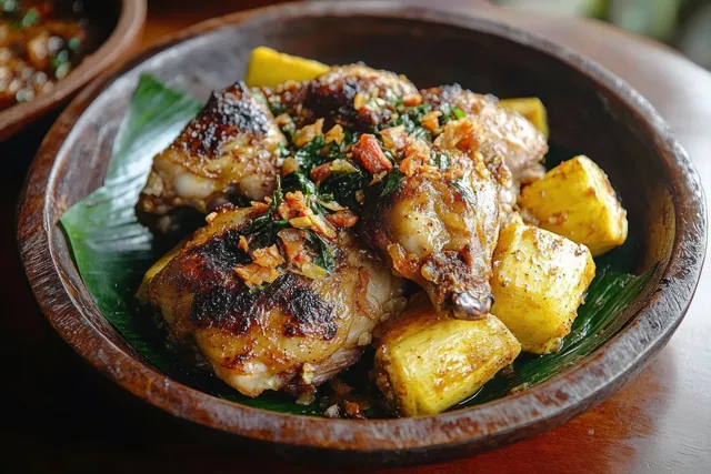 Crispy fried chicken on banana leaf with herbs and spices in a rustic bowl on a table.