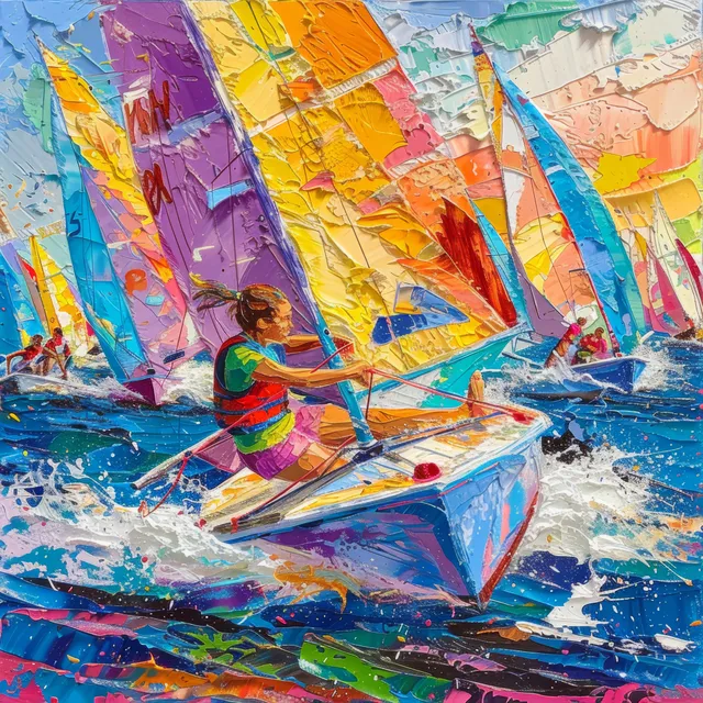 A woman steers a Laser Radial sailboat during a regatta with colorful sails and waves near the Dutch coastline.