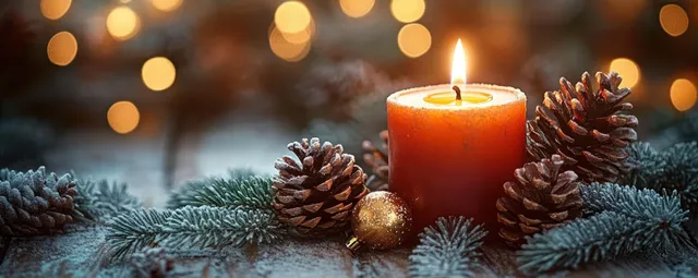 A burning candle sits on pine cones and frosted evergreen branches with warm glowing lights in the background.