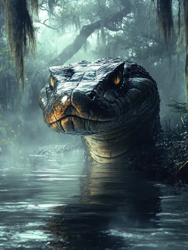 Hydra serpent monster with multiple heads emerging from misty swamp water