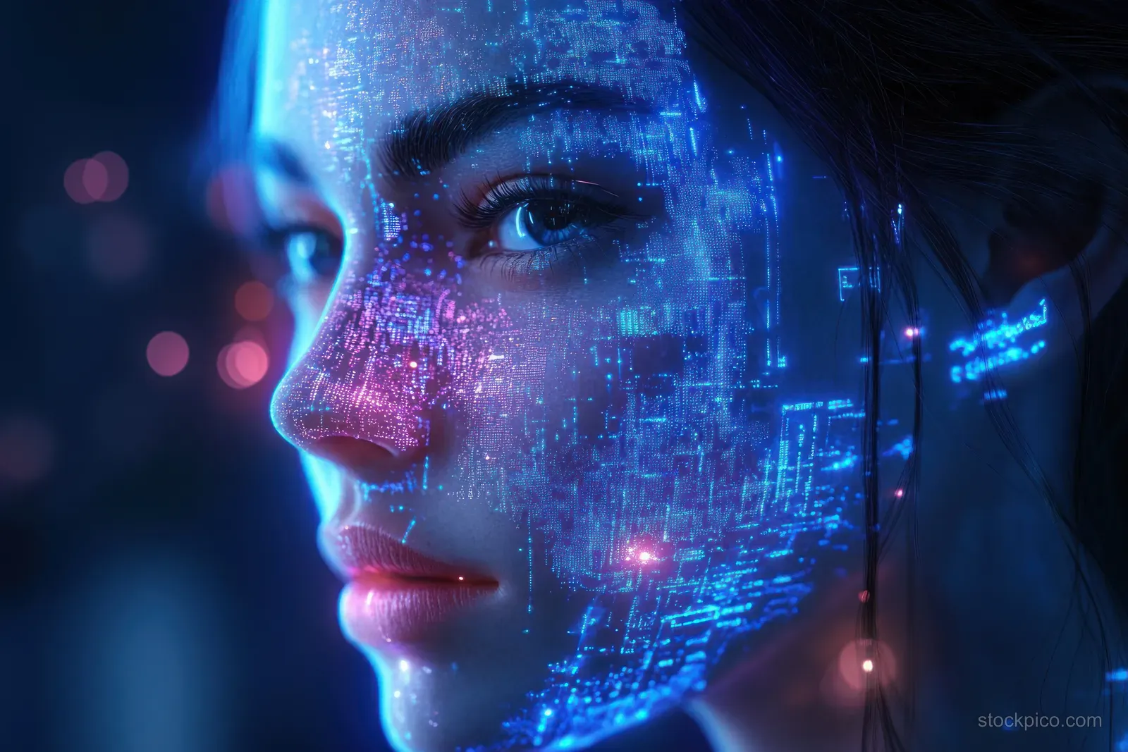 Close-up of a woman’s face with neon blue digital overlays and glowing reflections.