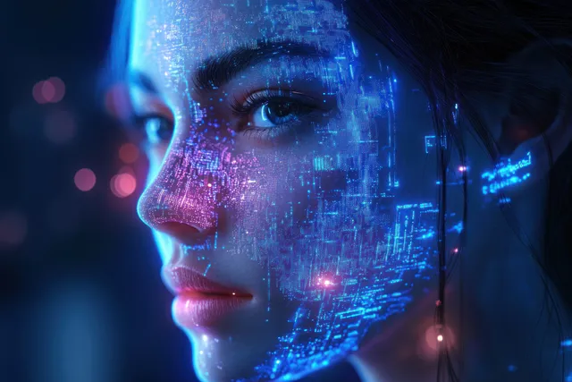 Cyberpunk Woman Portrait with Neon Data Overlays and Glowing Digital Face