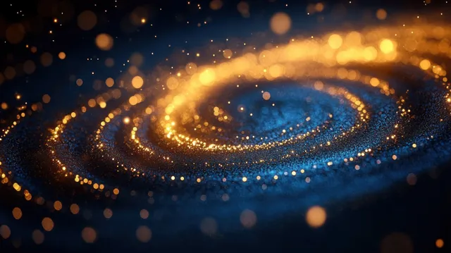 Golden glowing particle lights form a spiral galaxy on a dark blue background with sparkling dots.