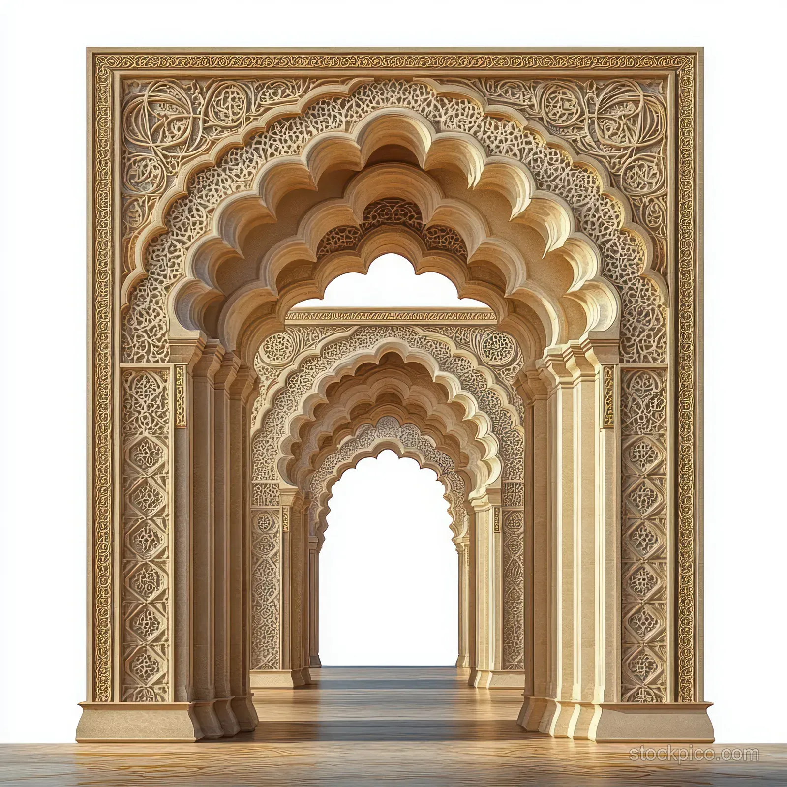 Intricately carved wooden archway frames a bright opening with symmetrical ornamental patterns and deep shadows.