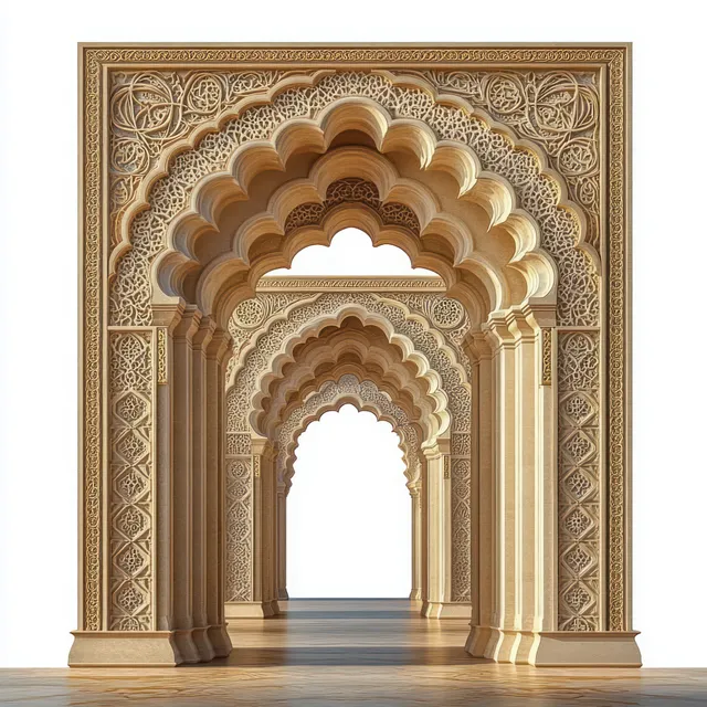 Intricately carved wooden archway frames a bright opening with symmetrical ornamental patterns and deep shadows.