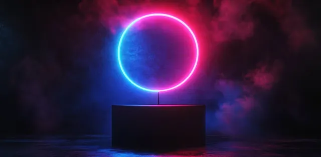 A neon circle glows on a black pedestal while blue and pink light surrounds it amid dark smoke.