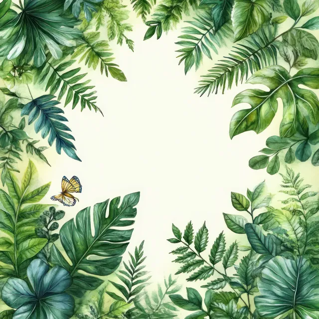 Watercolor frame of vibrant green leaves and ferns with butterflies on a spring background