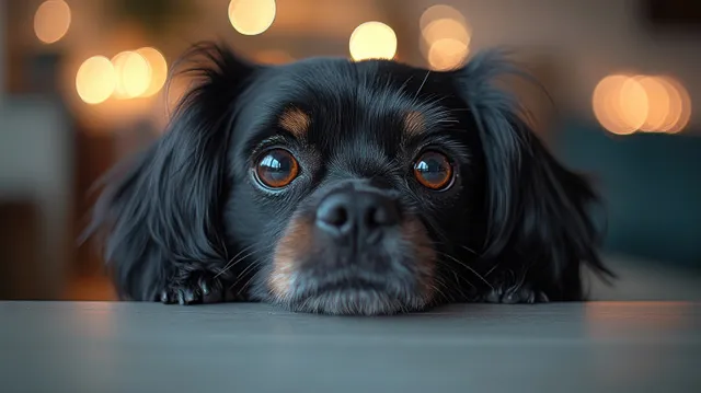 A black dog peeks over an open dishwasher in a home kitchen while sniffing dish racks.
