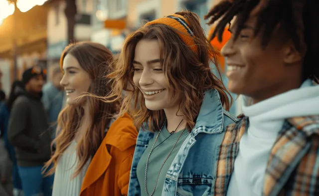 Unos amigos sonríen y ríen juntos al aire libre en una acera soleada de la ciudad, vestidos con chaquetas vaqueras informales.