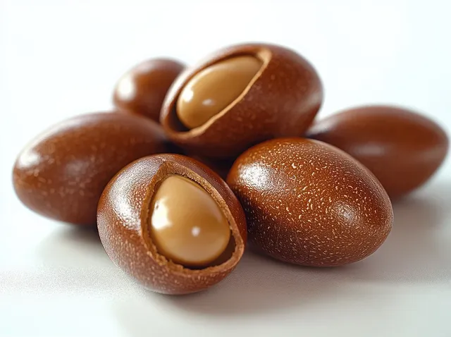 Macadamia nuts with cracked brown shells reveal smooth pale kernels on a white background.