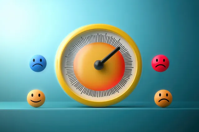 Yellow emotion gauge dial with a black needle in the red zone and four floating emoticon faces on a blue background.