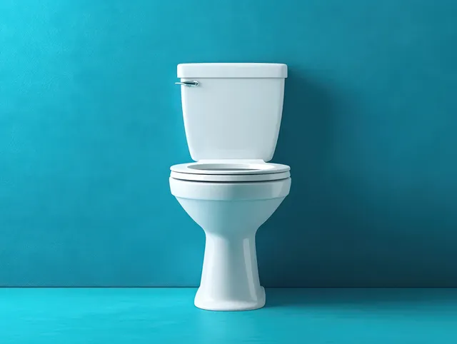 Clean white toilet with closed lid placed against a textured blue wall and blue floor.