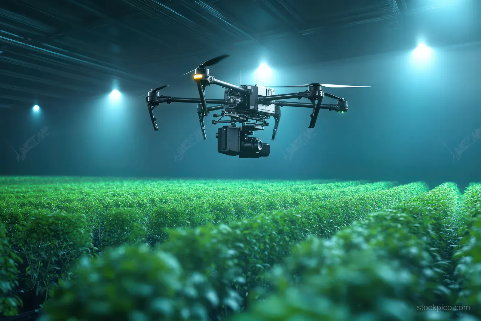 A drone hovers over green crops inside a misty indoor farm with blue overhead lights.
