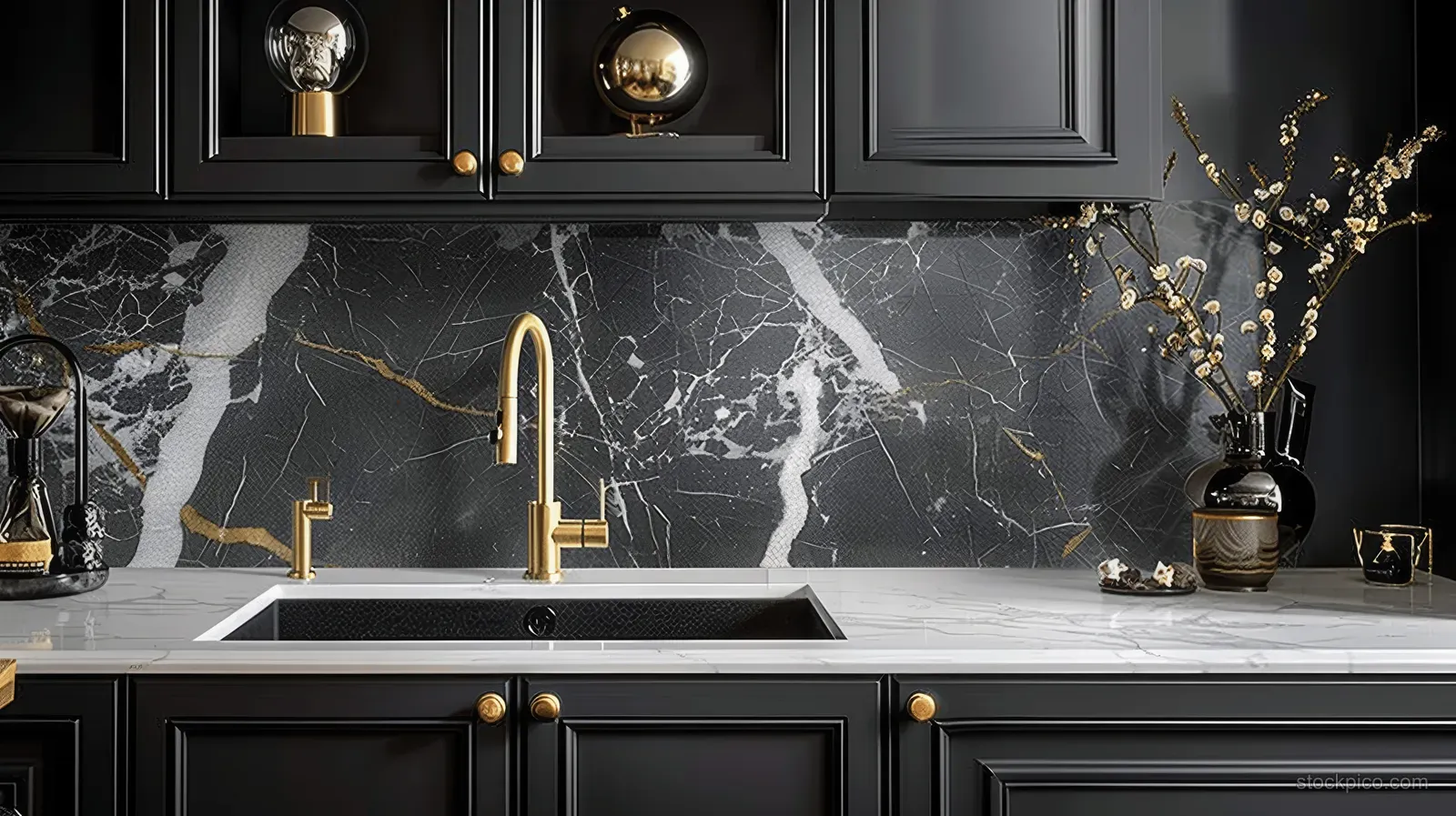 Black kitchen cabinetry frames a white marble backsplash with golden faucets above a sink.