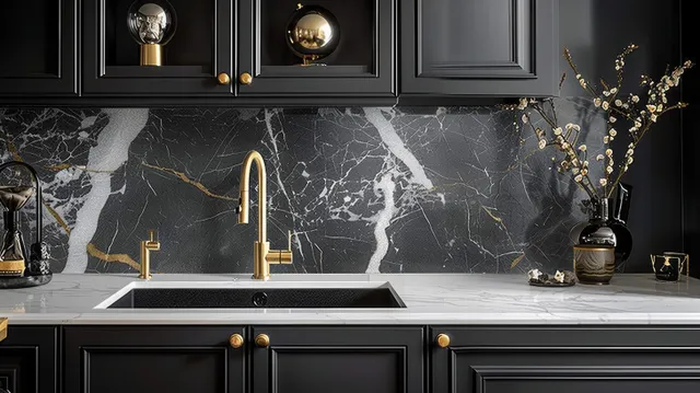 Black kitchen cabinetry frames a white marble backsplash with golden faucets above a sink.