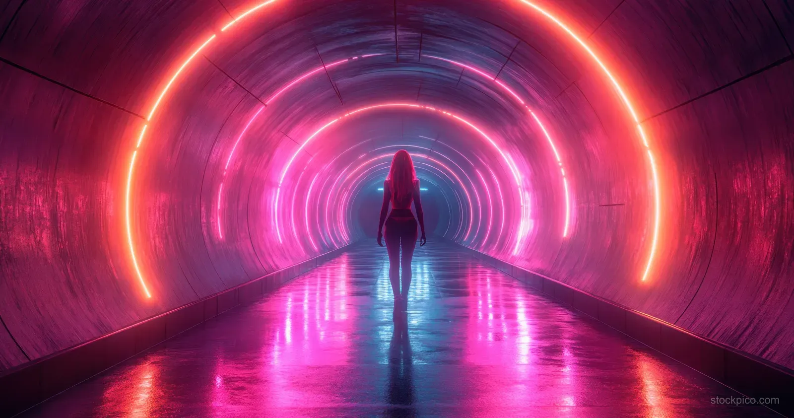 A glowing neon tunnel corridor with concentric light rings and mirrored reflections on the floor.