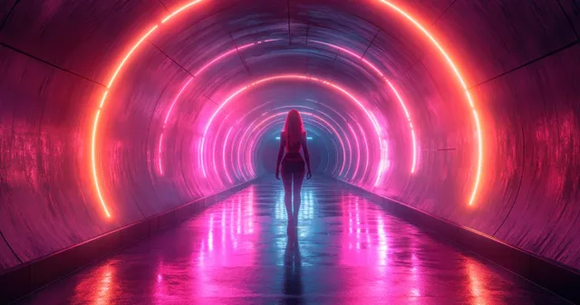 Neon sci-fi tunnel corridor with glowing rings and mirror-like floor reflections