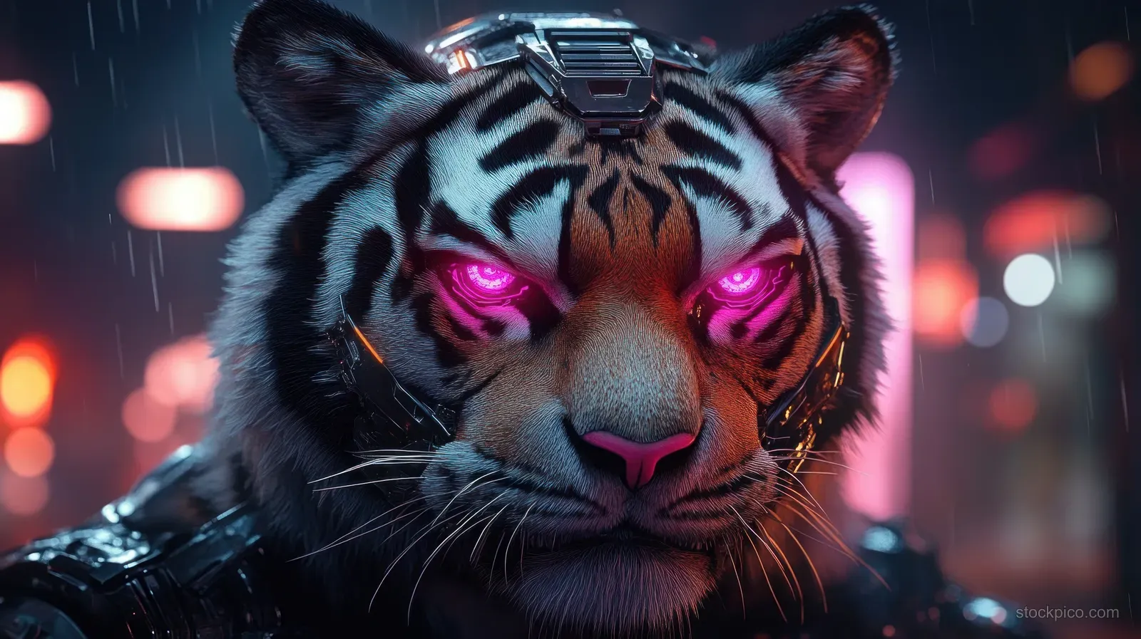 Cybernetic tiger with glowing eyes stares forward in a neon, rainy city scene with dramatic lighting.