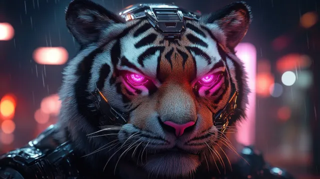 Cybernetic tiger with glowing eyes stares forward in a neon, rainy city scene with dramatic lighting.