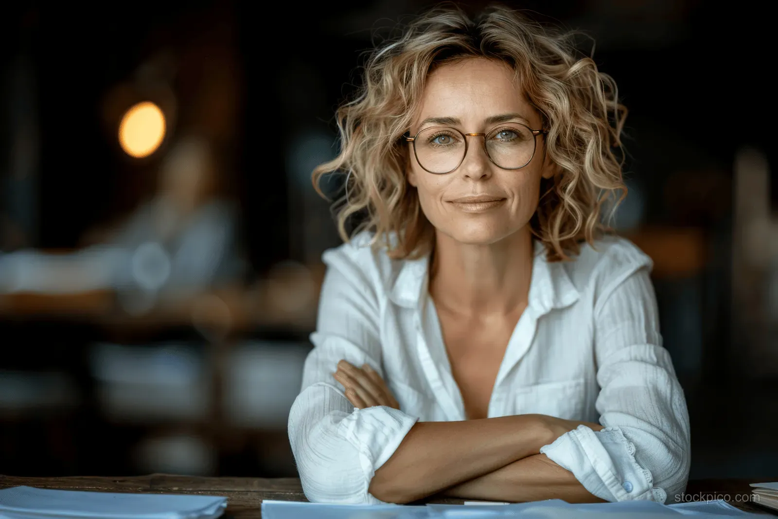 Middle-aged businesswoman in glasses leans on an office desk while reviewing papers under warm light.