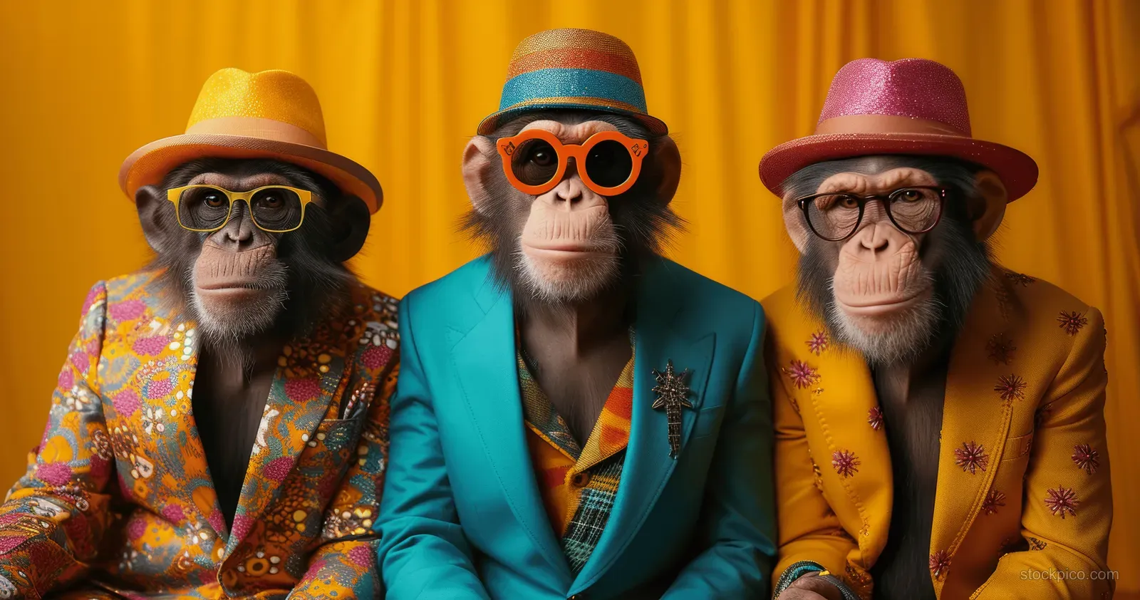 Three monkeys in colorful suits and sunglasses pose together in front of a warm yellow curtain backdrop.