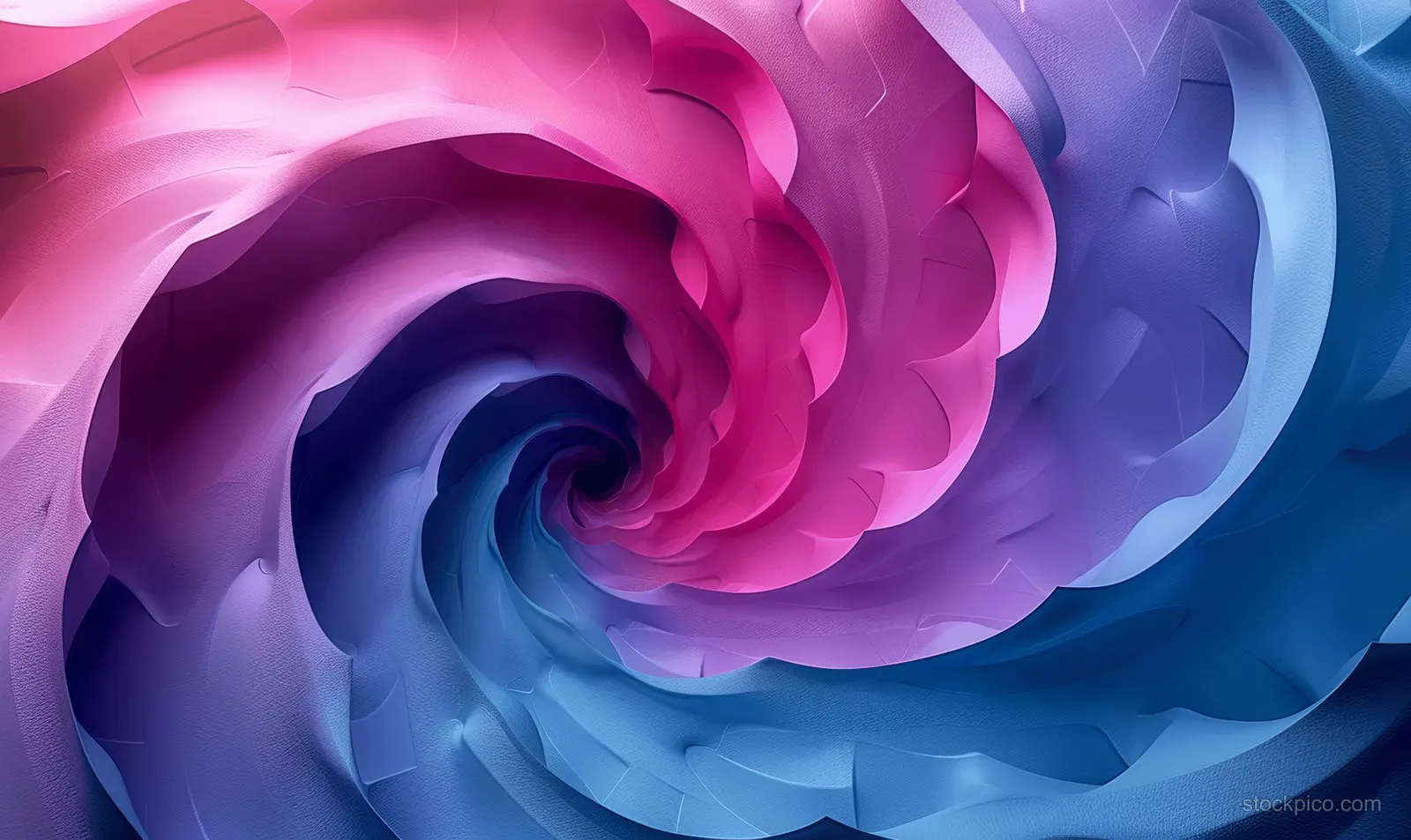 Blue and purple abstract spiral with layered curved folds and a dark center.