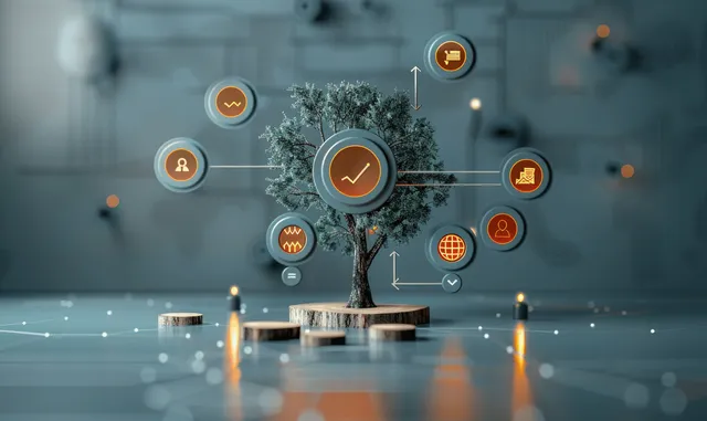 Strategic planning concept with target markers around a tree on glowing stage