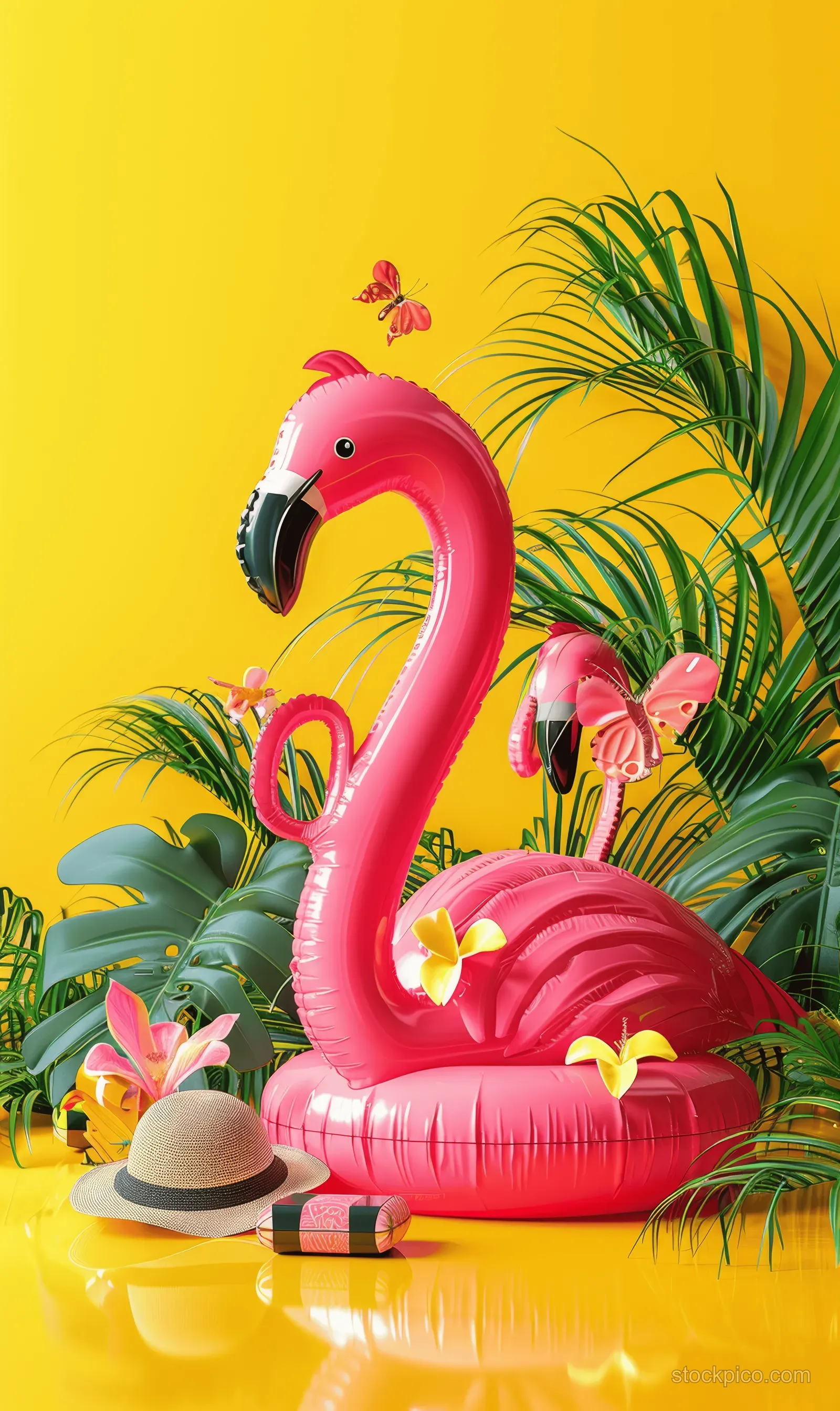 Pink inflatable flamingo with beach accessories and palm leaves on a bold yellow background.