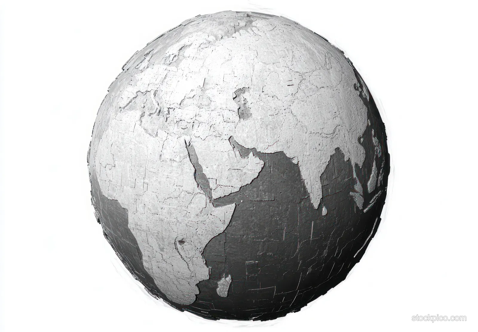 A 3D grayscale globe on a white background shows Africa, Europe, and Asia with an abstract textured surface.