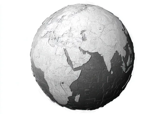 A 3D grayscale globe on a white background shows Africa, Europe, and Asia with an abstract textured surface.