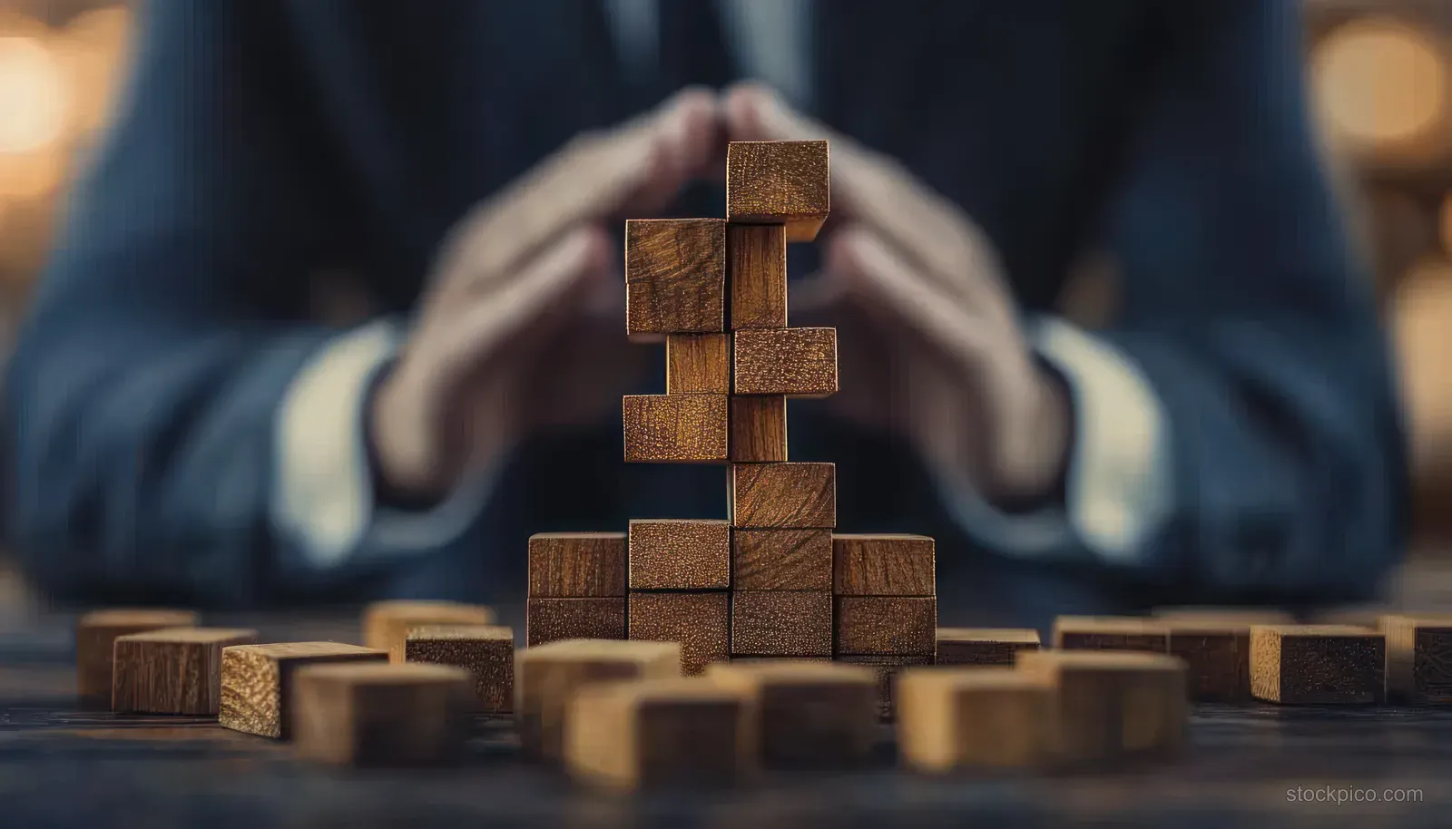 A project manager’s hands hover above stacked wooden blocks forming a risk assessment tower.