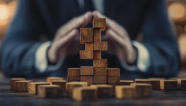 A project manager’s hands hover above stacked wooden blocks forming a risk assessment tower.