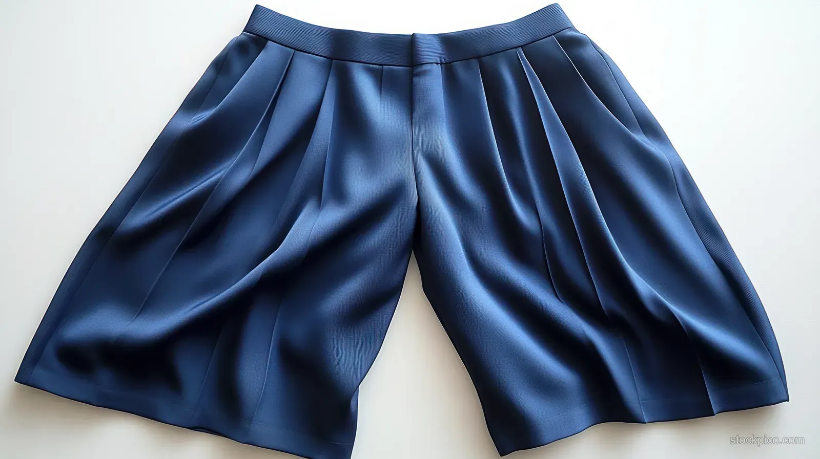 Navy blue pleated wide-leg shorts are laid flat on a white background showing smooth fabric folds.