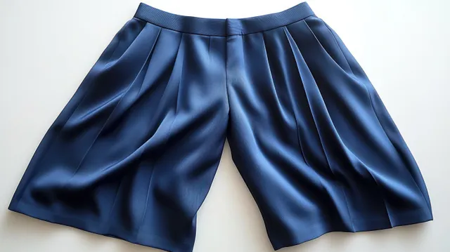 Navy pleated wide-leg shorts laid flat on white background with crisp fabric folds