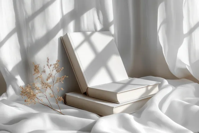 Blank books resting on white draped fabric under soft window light with crisp shadows.