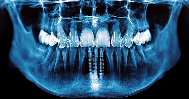 Panoramic dental x-ray showing upper and lower jaw with two lower front implants