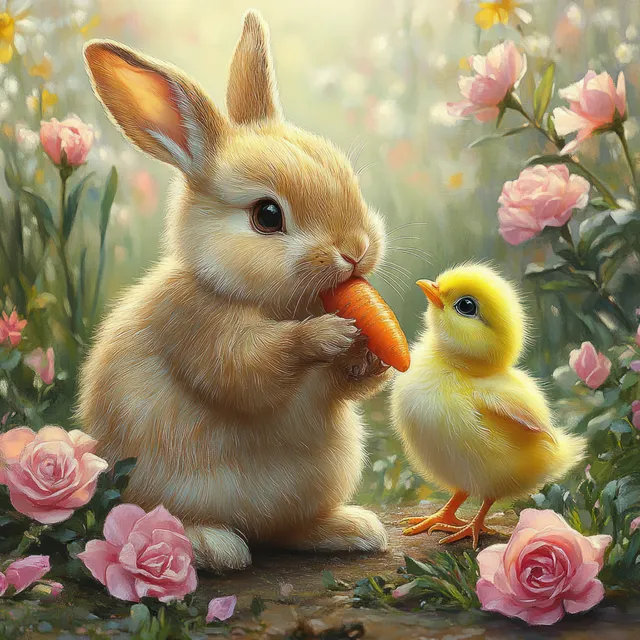 Fluffy baby rabbit holding a carrot, meeting a tiny yellow chick among pink roses